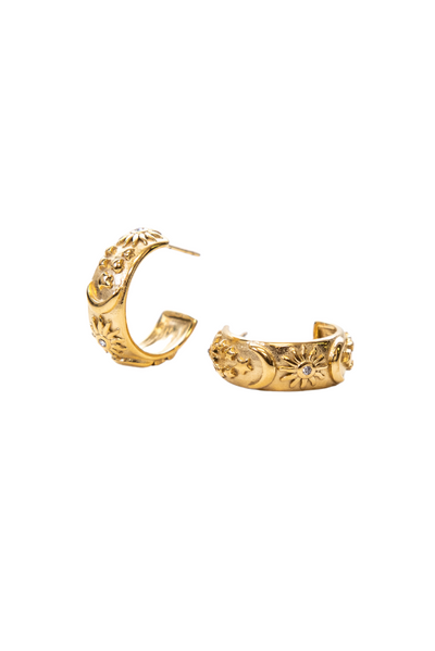 Luna Hoop earrings featuring a moon design and sparkling cubic zirconia accents