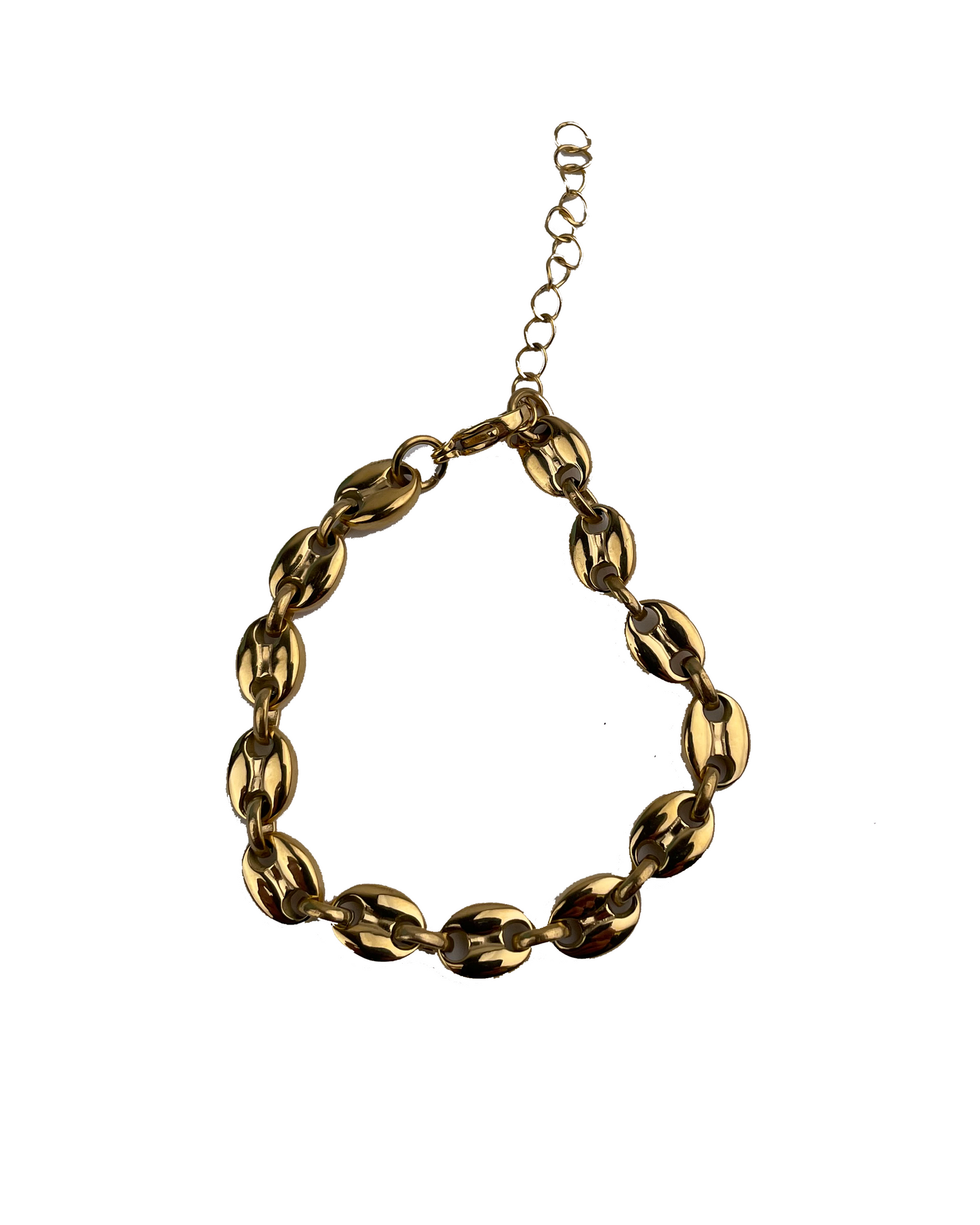 This gorgeous piece of jewelry features a chunky coffee bean chain that is plated in luxurious gold, making it a statement piece that will catch the eye.